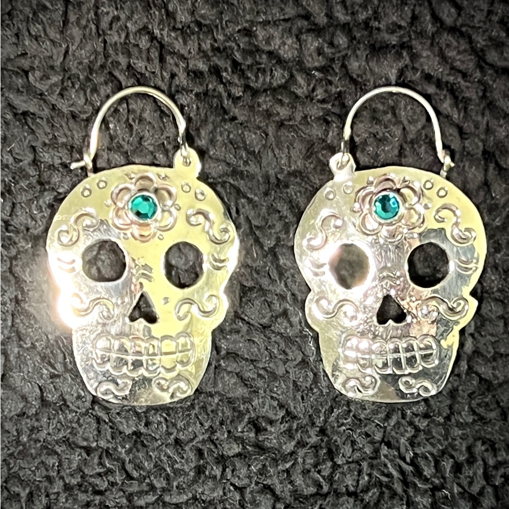 Silver Sugar Skull Dia De Los Muertos Earrings with Teal Jewel Accents